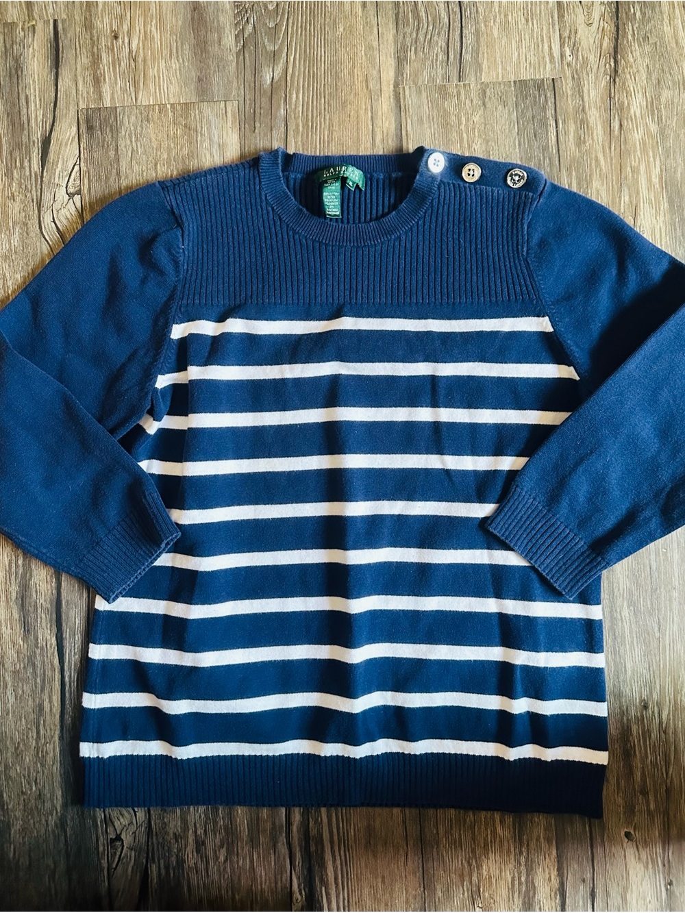 Ralph Lauren Navy & White Striped Button-Shoulder Crewneck Sweater